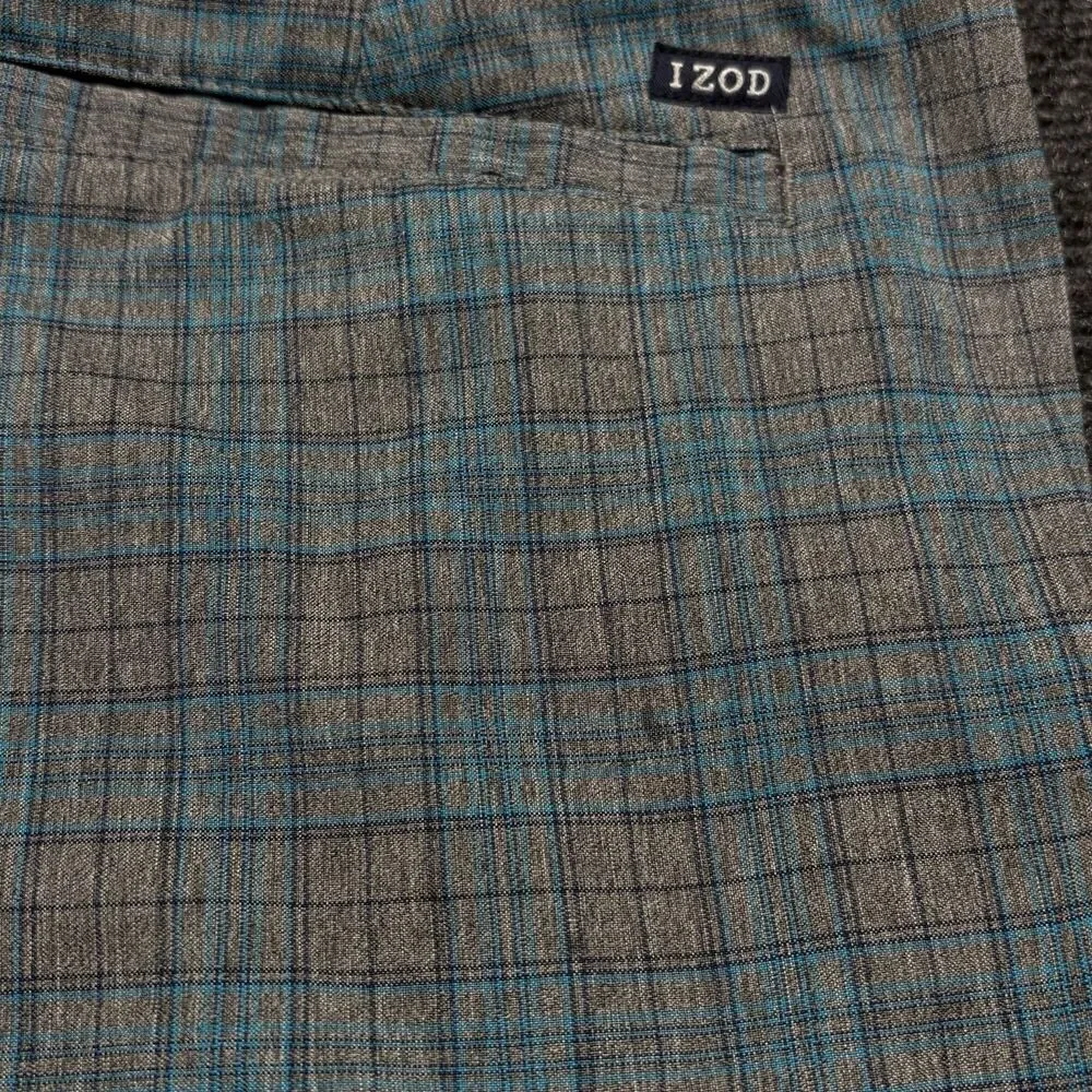 IZOD Golf Shorts Mens 33 Gray Teal Blue Plaid Check Straight Stretch Performance